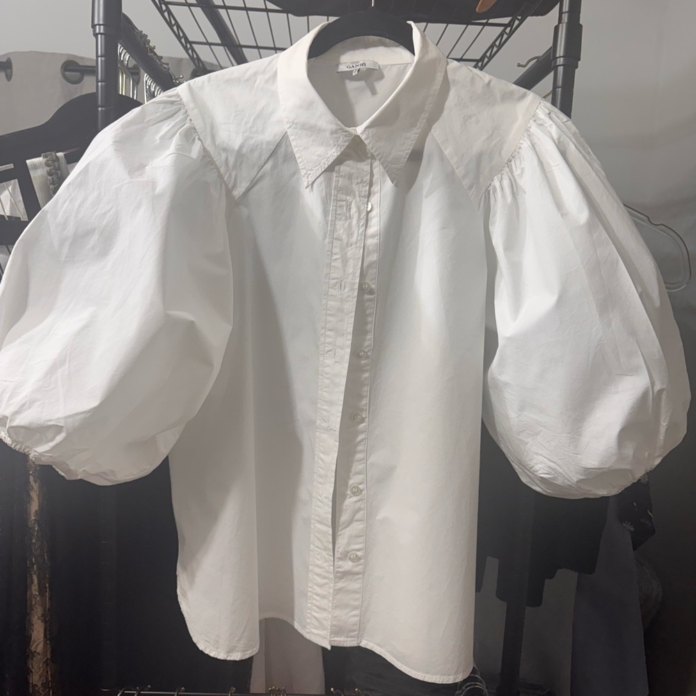 Ganni Three Quarter Puff Sleeve Button Up